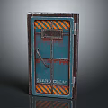Vintage Industrial Blue Door With Orange Black Stripes Metal Handle And Stand Clear Text