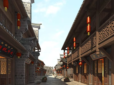 Ancient Chinese Architecture Street Lined With Red Lanterns And Wooden Buildings 3d model