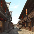 Ancient Chinese Architecture Street Lined With Red Lanterns And Wooden Buildings