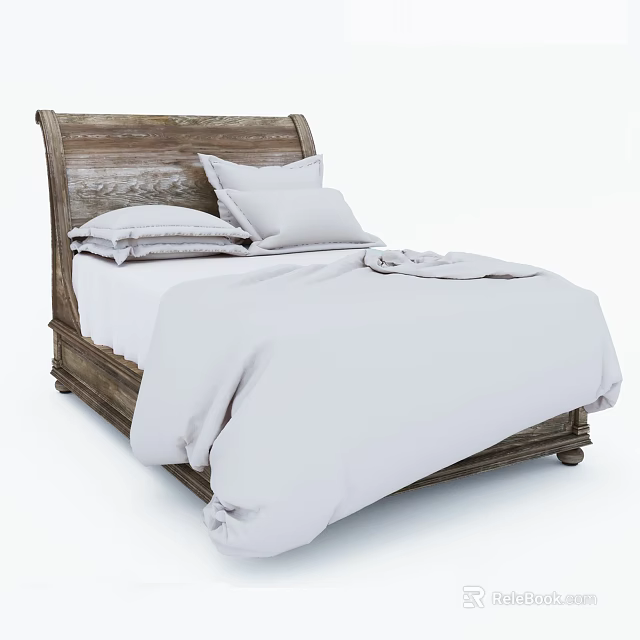 Cozy Rustic Wooden Double Bed With White Sheets Pillows And Blanket 3d model 