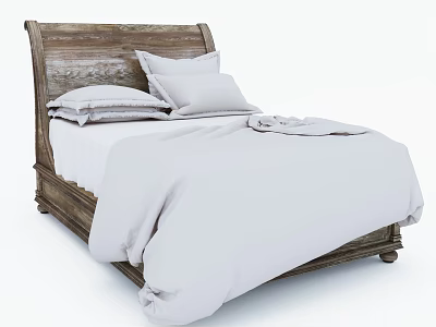 Cozy Rustic Wooden Double Bed With White Sheets Pillows And Blanket 3d model