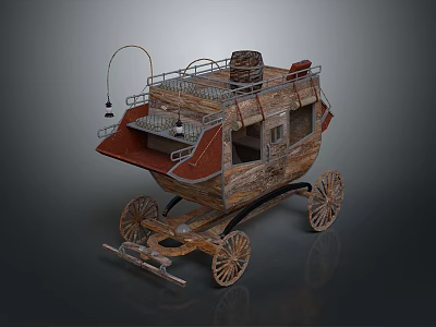 Vintage Wooden Carriage Design With Metal Railings Wheels And Hanging Lamp 3d model