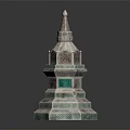 Traditional Multi Tiered Pagoda With Green White Decorative Elements And Pointed Spire