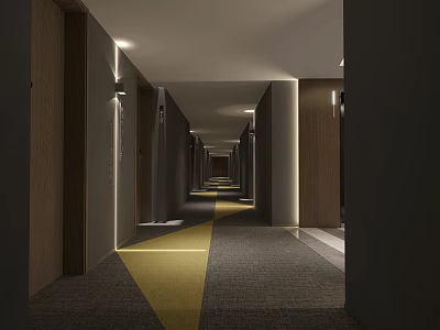 Modern Hotel Corridor With Recessed Lighting Wooden Panels Yellow Stripe Floor And Gray Carpet 3d model