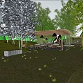 Rural Landscape With Bamboo Grove Green Grassland Wooden Canopy Tables Chairs And Stone Flower Beds