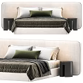 Stylish Double Bed with Gray Headboard Green Pillow White Pillows and Black Nightstand