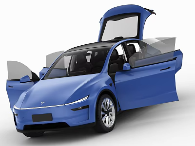 Modern Blue Electric Car Featuring Open Doors And Sleek Body Design 3d model