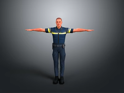 A Man In Dark Blue Uniform With Yellow Stripes Standing Full Body With Arms Outstretched 3d model