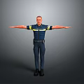 A Man In Dark Blue Uniform With Yellow Stripes Standing Full Body With Arms Outstretched