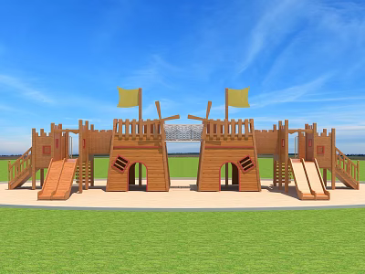 Wooden Castle Playground Equipment With Yellow Flags Slides And Green Grass Area 3d model