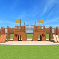 Wooden Castle Playground Equipment With Yellow Flags Slides And Green Grass Area