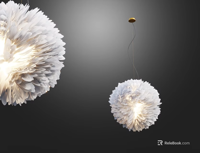 Fluffy White Feather Inspired Modern Chandeliers In Two Sizes With Hanging Design And Inner Lighting 3d model 