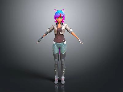 Anime Style 3D Character Model With Pink Purple Hair Cat Ears Jacket And Jeans 3d model
