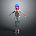 Anime Style 3D Character Model With Pink Purple Hair Cat Ears Jacket And Jeans
