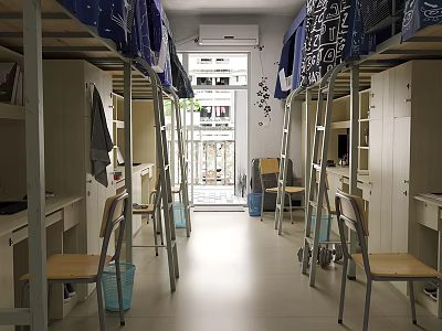 Simple Dormitory Room Interior With Bunk Beds Desks Chairs And Hanging Clothes 3d model