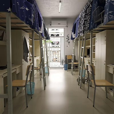 Simple Dormitory Room Interior With Bunk Beds Desks Chairs And Hanging Clothes 3d model