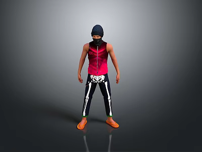 Man in Black Headscarf Pink Vest Skeleton Pattern Pants and Orange Shoes Standing 3d model