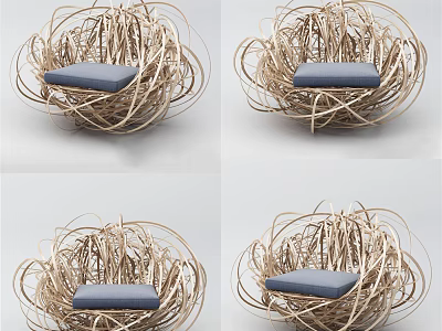 Woven Rattan Outdoor Chair with Blue Cushion and Natural Nest Design 3d model