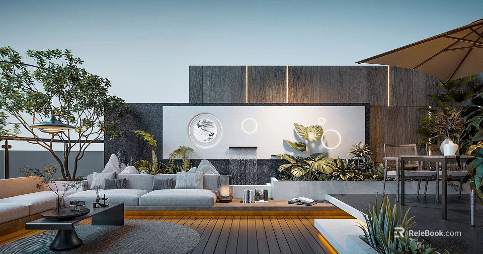 Home Balcony Design With Wooden Deck Gray Sofa Circular Decorative Lights And Green Plants 3d model 