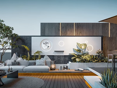 Home Balcony Design With Wooden Deck Gray Sofa Circular Decorative Lights And Green Plants 3d model