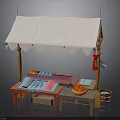 Wooden Market Stall With White Awning Colorful Fabrics Orange Fruits And Wooden Bucket