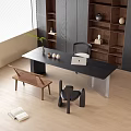 Modern Home Desk With Laptop Wooden Bookshelf Minimalist Chair Woven Stool And Natural Light