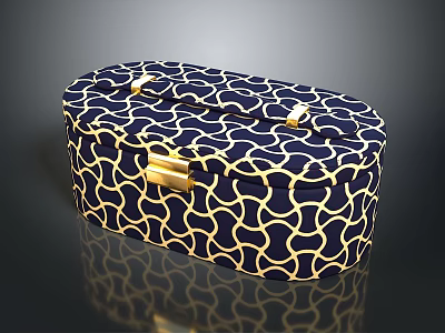 Stylish Navy Blue Ottoman with Gold Geometric Pattern and Gold Handles 3d model