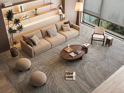 Modern Living Room Sofa Coffee Table Set With Beige Sofa Cushions Wooden Table And Plants 3d model