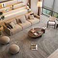 Modern Living Room Sofa Coffee Table Set With Beige Sofa Cushions Wooden Table And Plants