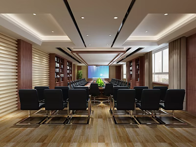 Modern Conference Room Interior With Long Table Black Chairs Bookshelves And Large Screen 3d model