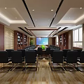 Modern Conference Room Interior With Long Table Black Chairs Bookshelves And Large Screen