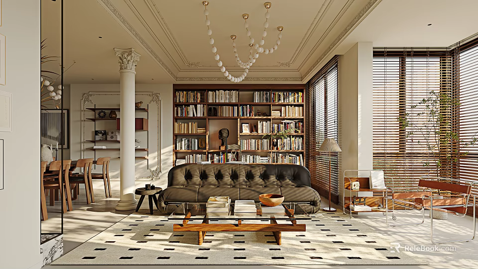 Modern Living And Dining Room Interior With Leather Sofa Bookshelf And Crystal Chandelier 3d model 