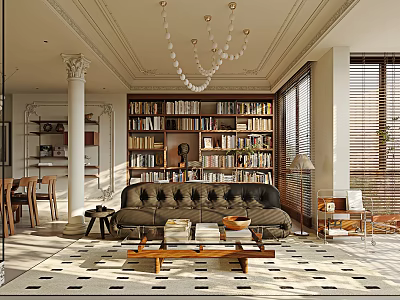 Modern Living And Dining Room Interior With Leather Sofa Bookshelf And Crystal Chandelier 3d model