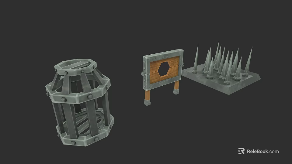 Medieval Trap Weapons As Game Props With Cage Spiked Plate And Frame 3d model 