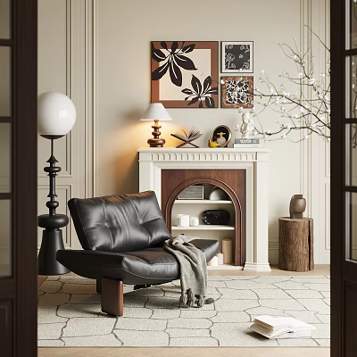 Elegant Living Room Interior With Black Leather Armchair Fireplace And Decorative Paintings 3d model