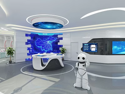 Modern Bank Lobby Interior with White Robot Blue China Map Wall and Circular Reception Desk 3d model