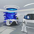 Modern Bank Lobby Interior with White Robot Blue China Map Wall and Circular Reception Desk