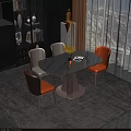 Modern Round Dining Table Set With Marble Tabletop Gray Orange Chairs And Yellow Flower Vase