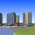 Modern High Rise Office Building Complex With Green Space Riverfront And Bridge 3d model