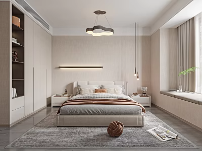 Modern Bedroom Interior With Bedhead Pendant Lights Built in Wardrobe Area Rug And Green Plant 3d model