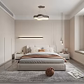 Modern Bedroom Interior With Bedhead Pendant Lights Built in Wardrobe Area Rug And Green Plant