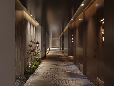 Luxury Modern Hotel Corridor With Soft Ambient Lighting Wooden Doors Patterned Carpet And Artistic Decor 3d model
