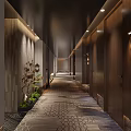Luxury Modern Hotel Corridor With Soft Ambient Lighting Wooden Doors Patterned Carpet And Artistic Decor