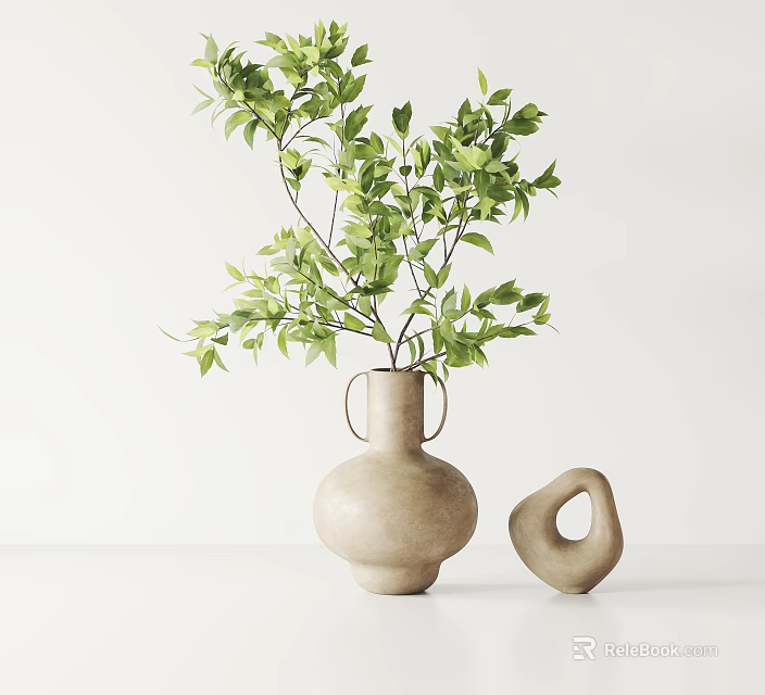 Beige Ceramic Vase With Fresh Green Foliage And Irregular Decor On White Background 3d model 