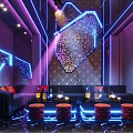 KTV Interior Design With Neon Lights Black Sofas Stools And Bottles Decor 3d model
