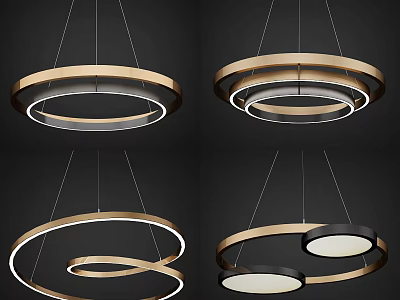 Modern Circular Pendant Lights With Golden Frames And Multi Layered Ring Design 3d model