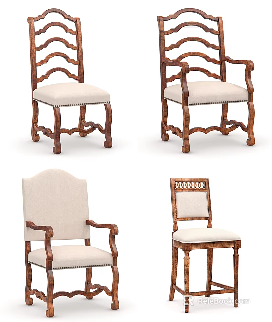 Classic Wooden Armchair With Carved Frame Light Upholstery And Various Angles 3d model 