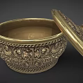 Classic Style Golden Ceramic Vessel With Carved Patterns And Lid 3d model