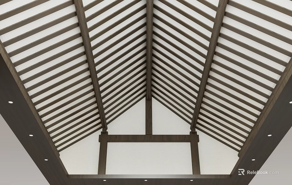 Wooden Beam Sloped Ceiling Design With White Panel And Recessed Lighting 3d model