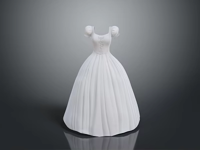 Elegant White Princess Dress With Puffed Sleeves Fitted Waist And Fluffy Skirt 3d model